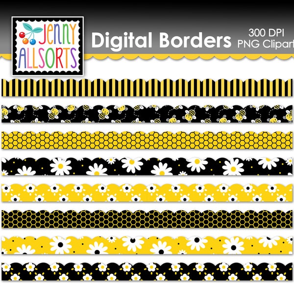 Honey Bee Borders Digital Clip Art Graphic Download, clipart digital borders, scrapbook elements, yellow & black digital bee scallop borders