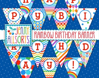 Rainbow Birthday Party Banner - Digital Rainbow Birthday Bunting - Printable Party Decoration - Pennant Flag Banner - Birthday Garland