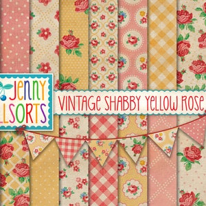 Papéis digitais vintage com rosas amarelas surradas + clipart - padrões de papel de parede de casa de fazenda, designs de fundo de rosas chiques desbotadas e desgastadas