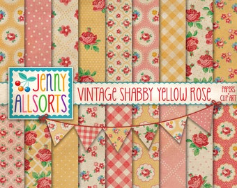 Vintage Shabby Yellow Rose Digital Papers + Clipart - farmhouse cottage wallpaper patterns, faded worn shabby chic roses background designs
