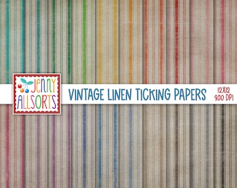 Vintage Linen Ticking Digital Paper Set - shabby chic farmhouse cottage, fabric pattern scrapbook designs, antique woven digital background