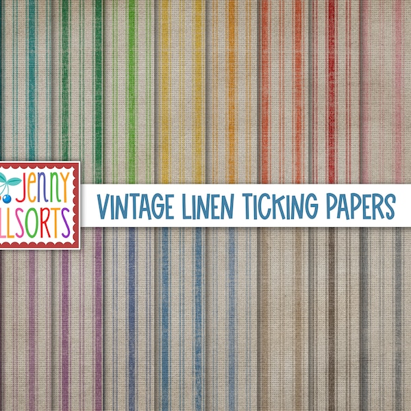 Vintage Linen Ticking Digital Paper Set - shabby chic farmhouse cottage, fabric pattern scrapbook designs, antique woven digital background