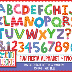 Clipart divertido Fiesta Alphabet 2 - letras digitais desenhadas à mão, clipart de álbum de recortes, alfabeto imprimível, letras e números coloridos para crianças