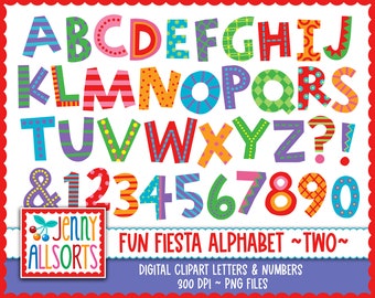 Fun Fiesta Alphabet 2 clipart - digital hand drawn letters, scrapbook clip art, printable alphabet, colorful kid-friendly letters & numbers