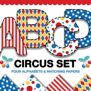 Ensemble cirque - quatre alphabets numériques + papiers assortis pour sublimation et design, arrière-plans de carnaval arlequin rayé étoiles, lettres clipart