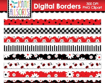 Ladybug Borders Digital Clip Art Graphic Download, clipart digital borders, scrapbook elements, red & black digital ladybug scallop borders