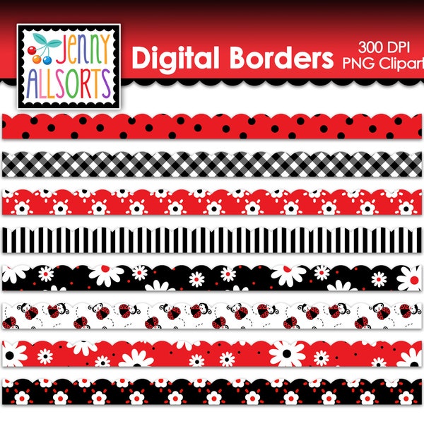 Ladybug Borders Digital Clip Art Graphic Download, clipart digital borders, scrapbook elements, red & black digital ladybug scallop borders