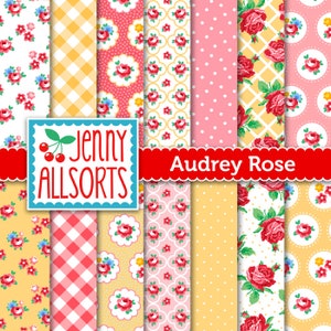 Papier numérique shabby chic Audrey Rose - jaune rose rouge et vert - motifs vichy, pois et roses, motifs de fond de scrapbooking numérique