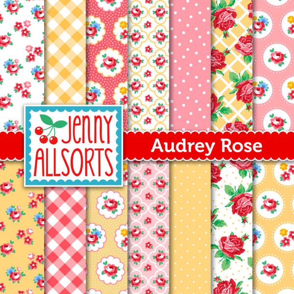 Shabby Chic Digital Paper Audrey Rose - Yellow Pink Red & Green - gingham, dot and rose patterns, digital scrapbooking background designs