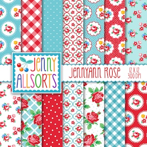 Carta digitale Shabby Chic Jennynn Rose - Carta stampabile vintage per cottage in stile fattoria, rossa e acquamarina, per sfondo digitale, scrapbooking digitale