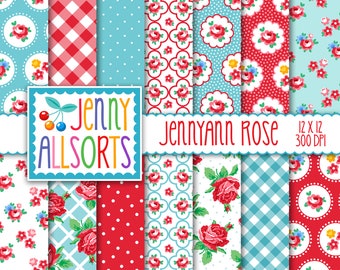 Shabby Chic Digital Paper Jennyann Rose - Red & Aqua Vintage Cottage ...