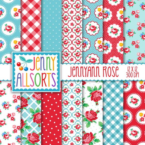 Shabby Chic Digital Paper Jennyann Rose - Red & Aqua vintage cottage farmhouse printable paper, for digital background, digital scrapbooking