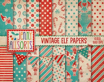 Vintage Christmas Elves Digital Paper Set + Clipart - 16 holiday elf patterns, red and aqua Santa elf paper, modern cute Christmas designs