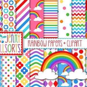 Rainbow Brights Digital Papers + Rainbow Clipart - 12x12 colorful printable patterns for digital scrapbooks, backgrounds & graphic designs