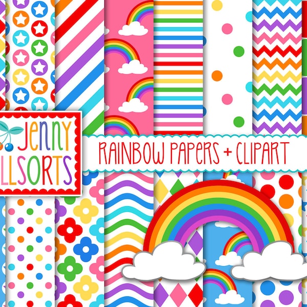 Rainbow Brights Digital Papers + Rainbow Clipart - 12x12 colorful printable patterns for digital scrapbooks, backgrounds & graphic designs