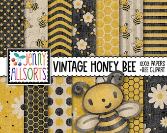 Papel digital vintage de abejas y clip art de abejorros: paquete de papel grunge de abejas, panal, fondo con patrón de abejas, clipart de abejas