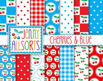 Cherries & Blue Digital Scrapbooking Paper Pack 14 printable pages Instant download, digital paper tags cards invites background papercraft