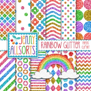 Rainbow patterns glitter digital papers, glitter rainbow clipart, rainbow colors, clip art rainbow, digital scrapbooking paper, stripes dots