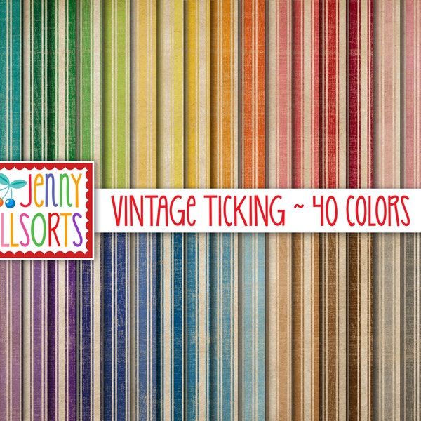 Vintage Ticking Digital Paper Set - 40 Colors - shabby chic farmhouse cottage, wallpaper pattern scrapbook designs, worn fabric backgrounds