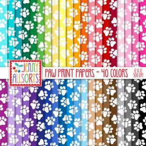 Pfotenabdruck Digital Paper Pack - 40 Farben Bundle, bedruckbares Hündchen Scrapbook Papier, nahtlose Tierpfoten Abdruck digitale Hintergrundgrafik