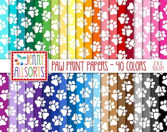 Paw Print Digital Paper Pack - 40 Color Bundle, printable puppy dog scrapbook paper, seamless animal paw print digital background graphics