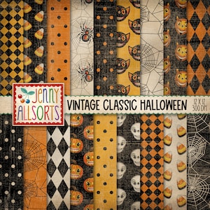 Vintage Halloween Digital Design Paper orange & black patterns, classic Halloween scrapbook paper, aged worn grunge texture skulls spiders image 1