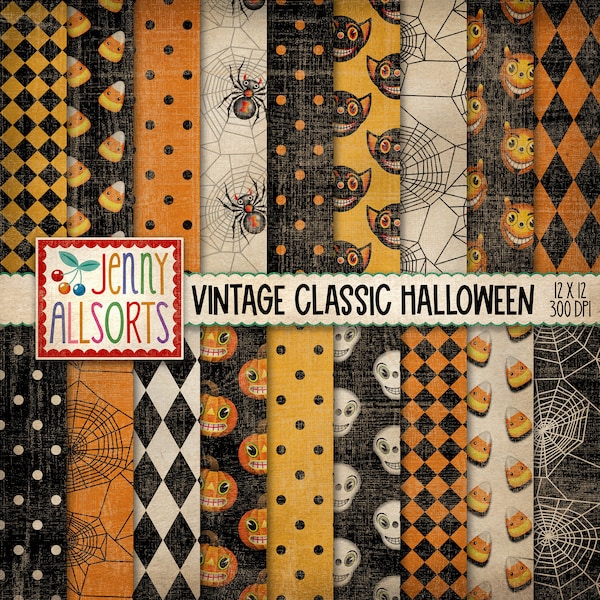 Vintage Halloween Digital Design Paper - orange & black patterns, classic Halloween scrapbook paper, aged worn grunge texture skulls spiders