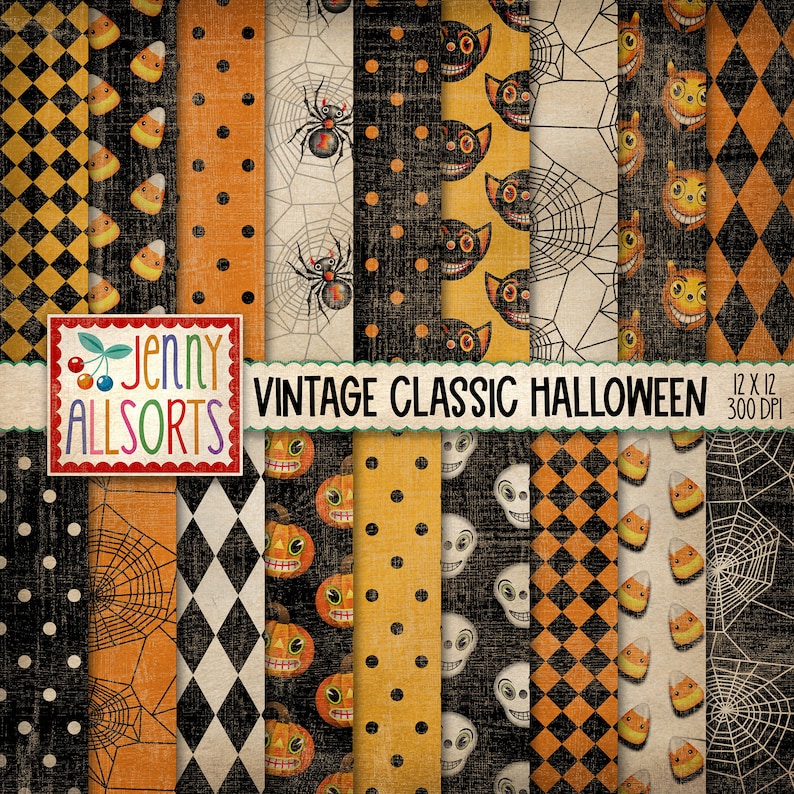 May include: A set of 12 digital papers featuring vintage Halloween designs. The papers include patterns of black and orange polka dots, black and white checkerboard, spiderwebs, candy corn, pumpkins, cats, and skulls. The papers are 12 inches by 12 inches and 300 DPI.