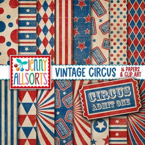 Carta digitale e clipart circo vintage - modelli di circo vintage stampabili in rosso, bianco e blu, carta da circo grunge retrò, clipart di biglietti del circo