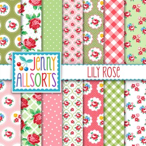 Shabby Chic Digital Paper Lily Rose - Pink and Green - for invites, card making, digital scrapbooking