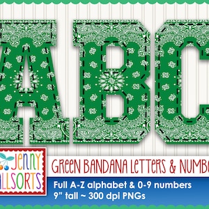 Letras y números de pañuelo verde para diseño de sublimación, clipart digital de pañuelo de punto, letras de álbum de recortes de vaqueros del oeste, alfabeto universitario