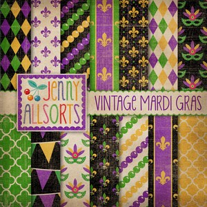 Papel digital vintage Mardi Gras, papel surrado para impressão, papel flor de lis, terça-feira gorda, quatrefoil arlequim, máscaras, padrões de coroa de contas