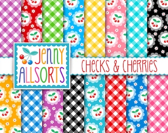 Checks & Cherries Digital Scrapbooking Paper Pack - 16 Sheets - Instant Download, Digital Patterns, Digital Cherries, Digital Gingham