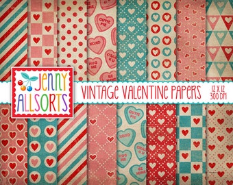 May include: Twelve digital paper designs featuring vintage Valentine's Day patterns in red, pink, blue, and white. The patterns include hearts, polka dots, stripes, and candy hearts. The papers are 12 inches by 12 inches and 300 DPI.