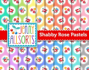 Shabby Chic Roses Digital Paper - Roses on Pastel Colors - floral digital papers, digital scrapbooking designs, bright pastel colors