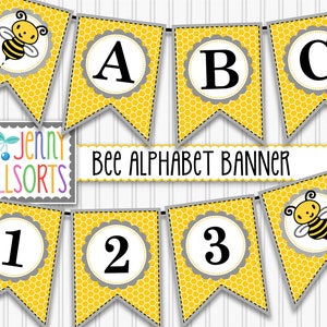 Printable Bee Banner Sign Pennants -  Digital Honey Bee Alphabet Letters, Cute Baby Bee Shower Party Decor, honeycomb bunting, full alphabet