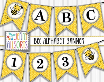 Printable Bee Banner Sign Pennants -  Digital Honey Bee Alphabet Letters, Cute Baby Bee Shower Party Decor, honeycomb bunting, full alphabet