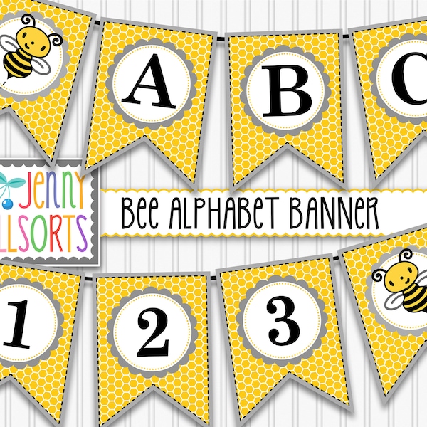 Printable Bee Banner Sign Pennants -  Digital Honey Bee Alphabet Letters, Cute Baby Bee Shower Party Decor, honeycomb bunting, full alphabet