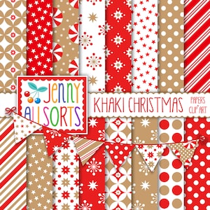 Red & Khaki Christmas Digital Scrapbook Paper + Matching Clipart, Kraft paper tan and red, simple rustic country Christmas backgrounds