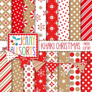 Papel de álbum de recortes digital de Navidad rojo y caqui + imágenes prediseñadas a juego, bronceado de papel Kraft y fondos navideños rústicos rojos y simples