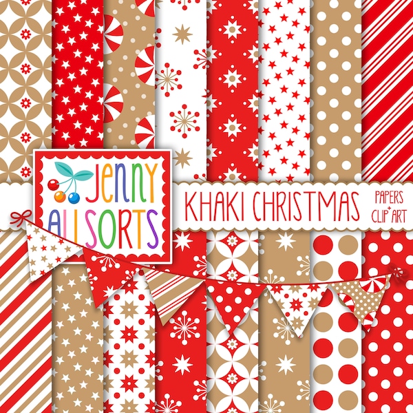 Red & Khaki Christmas Digital Scrapbook Paper + Matching Clipart, Kraft paper tan and red, simple rustic country Christmas backgrounds