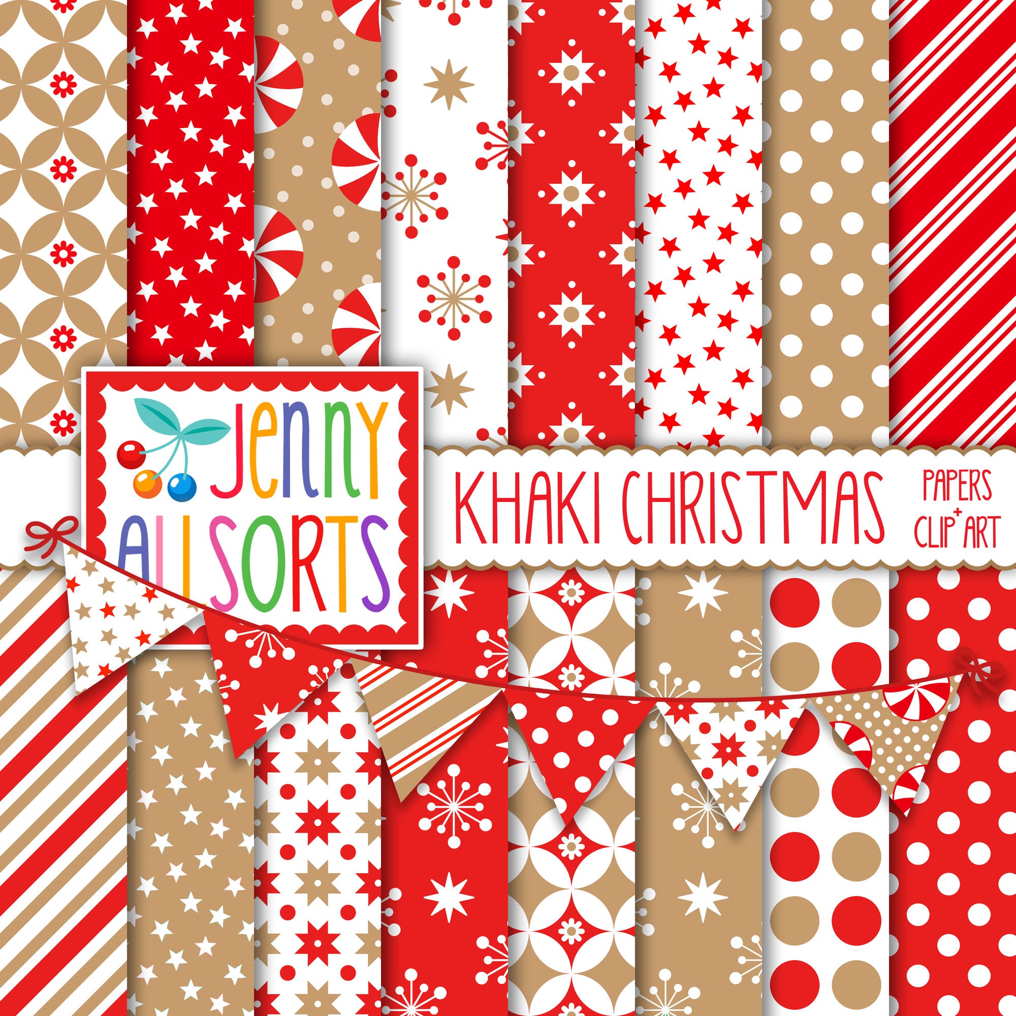 Red & Khaki Christmas Digital Scrapbook Paper + Matching Clipart, Kraft  paper tan and red, simple rustic country Christmas backgrounds