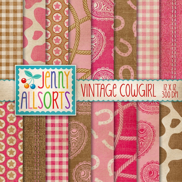 Vintage Cowgirl Digital Design Papers - Rodeo Cowgirl Wild West background, old West scrapbook paper, aged worn grunge texture digital paper