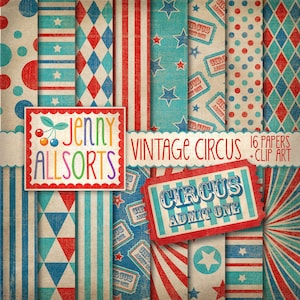 Papier numérique cirque vintage + Clipart - motifs de carnaval vintage imprimables, papier cirque grunge rouge et turquoise, clipart cirque vintage rétro