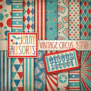 Vintage Circus Digital Paper + Clipart - printable vintage carnival patterns, red & aqua grunge circus paper, retro vintage circus clip art