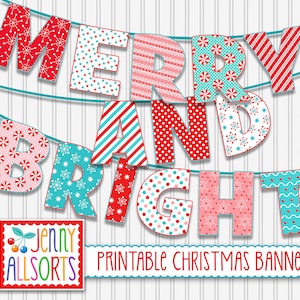 Merry & Bright Printable Banner -  Digital Christmas Sign, Holiday Patterns Party decor, DIY Christmas Decoration, Bulletin Board Letters