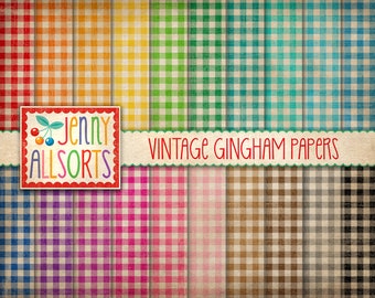 Vintage Gingham Digital Design Papers - Worn Gingham Texture, vintage fabric background, shabby farmhouse scrapbook paper, homespun checks