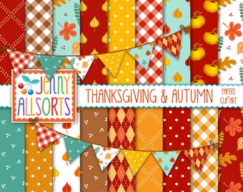 Thanksgiving Autumn Digital Scrapbook Paper + Clipart in Red Gold Yellow and Teal, printable patterns for Fall digital scrapbooking & design