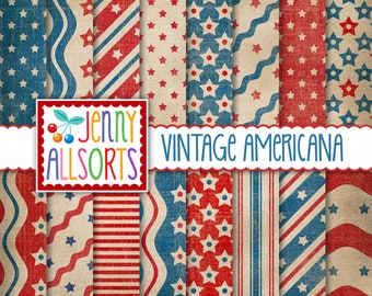 July 4th Patriotic Digital Paper Pack, Vintage American Red & White Blue, Independence Memorial Day Stars and Stripes Scrapbook Backgrounds