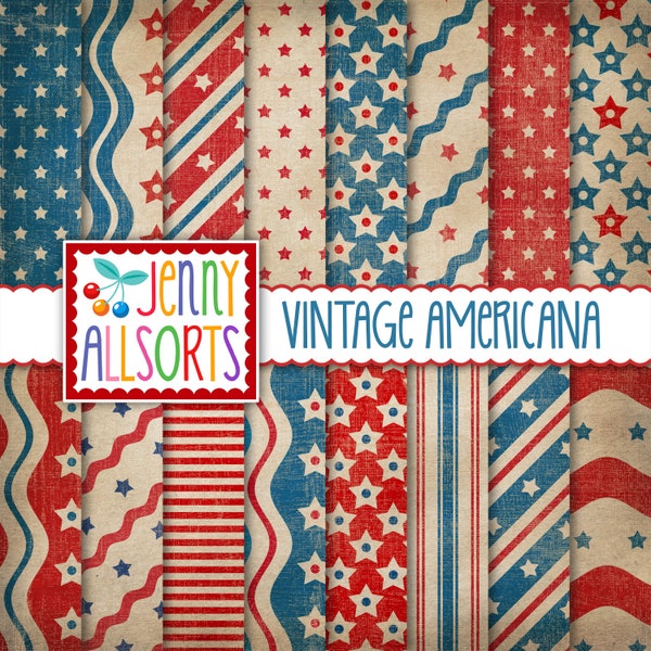 July 4th Patriotic Digital Paper Pack, Vintage American Red & White Blue, Independence Memorial Day Stars and Stripes Scrapbook Backgrounds
